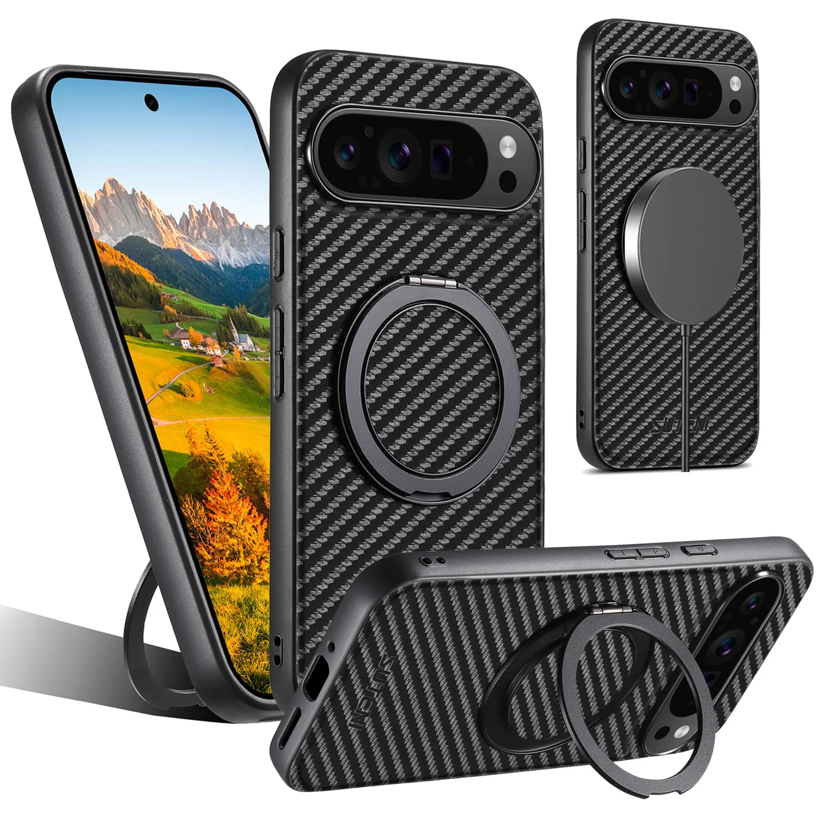For Google Pixel 9 Pro XL Pixel 9 8 7 6 Pro 8A 7A 6A Carbon Fiber Case,[Compatible with Magnetic] Built in Kickstand Phone Cover