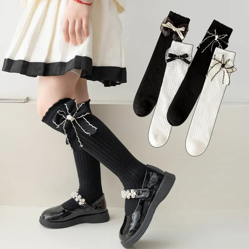 

Girl Lolita Kawaii Stocking Black White Color Knee High Long Sock for Kids Retro Bowknot Calf Sock for Children Cotton Sock