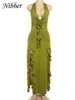 Nibber Appliques Tassel Dress Women Y2K Halter Backless Split Sexy Ruched Elegant Summer Back Ruched Beach Holiday Maxi Bodycon 5