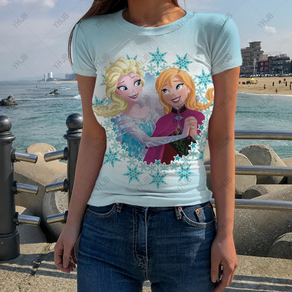 

Fashion Disney Princess Print T-Shirts Summer Ladies Casual Top Short Sleeves Female T Shirt New Harajuku Kawaii Women Clothes