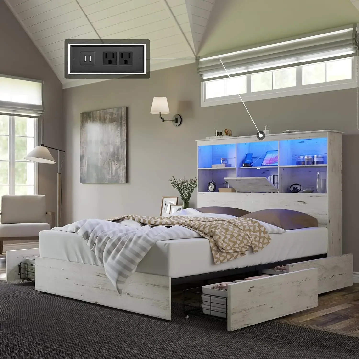 Queen Size Bed Frame Wooden Platform Bed with 51.2" LED Storage Bookcase Headboard, 4 Storage Drawers & Charging Station, White