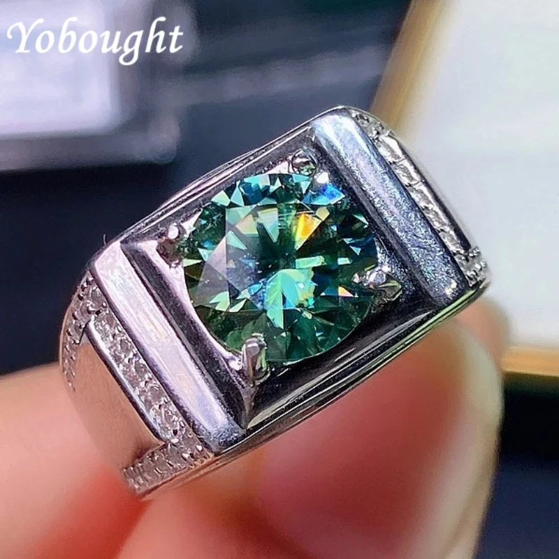 

S925 Silver Inlaid Green Moissant Diamond Simple And Personalized Fashion Men'S Ring Meisang Waist Size 3 Carat Free Shipping