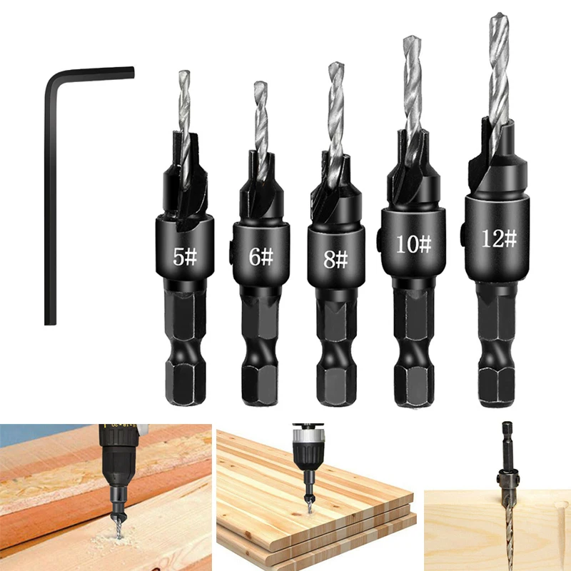 

Countersink Drill Woodworking Drill Bit Set Drilling Pilot Holes For Screw Sizes #5 #6 #8 #10 #12 With a Wrench Tools