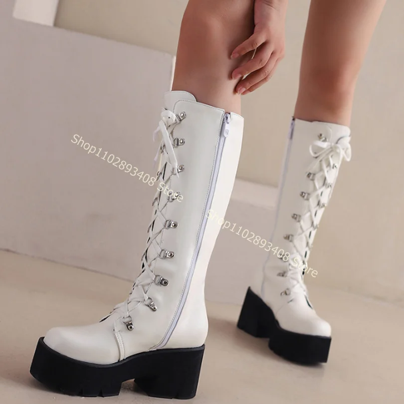 

Round Toe Matte Leather Boots Cross Band Side Zipper Solid Chunky High Heels Women Spring Fashion Boots 2023 Zapatos Para Mujere