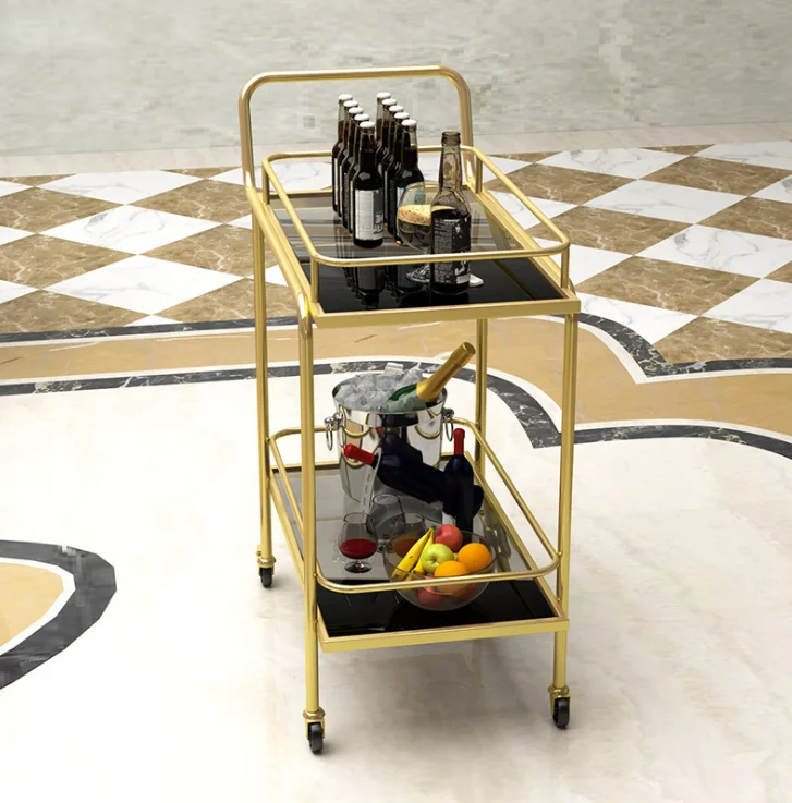 Hotel Gold Iron Portable Utility Movable 2 Tier Trolley Rolling Cart Bar Cart Rack Storage