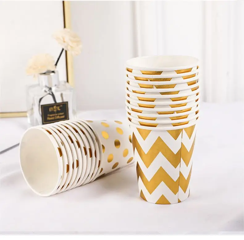 10 sztuk złota Drukowanie brązujące srebrne fale 250 ml kubki papierowe Jednorazowe kubki papierowe Gorące napoje Zimne napoje artykuły na wesele_voghion.com