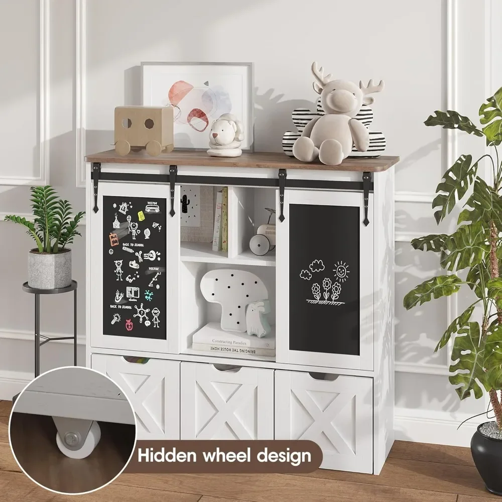 Toy Storage Organizer with Sliding Blackboard,Kids Bookshelf with3 Movable Drawers,Multifunctional Storage Cabinet Toy Chest 5