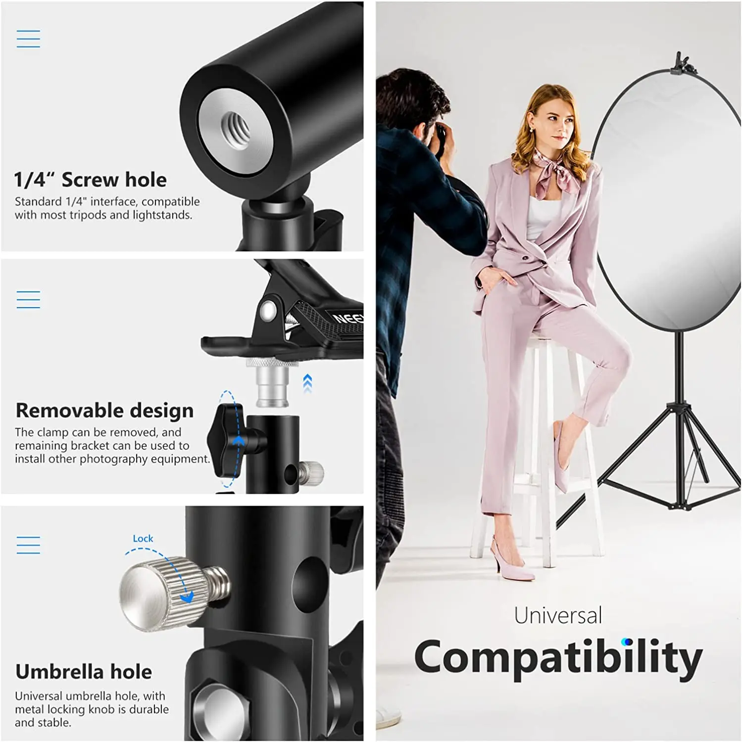 NEEWER Photo Studio Heavy Duty Metal Clamp Holder with 5/8" Light Stand Attachment for Reflector