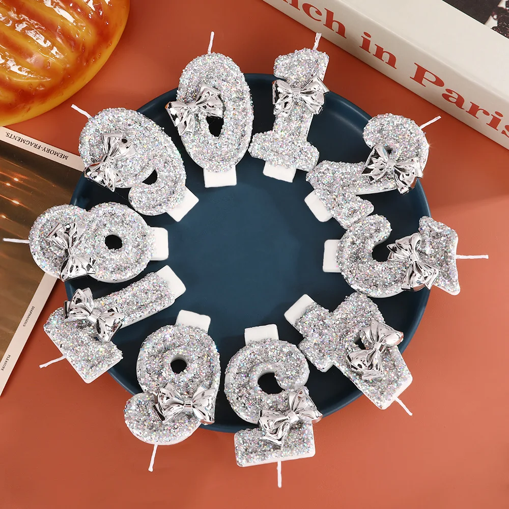 Creative 0-9 Number Candles with Silver Glitter Bow Birthday Cake Topper Decoration for Party Supplies