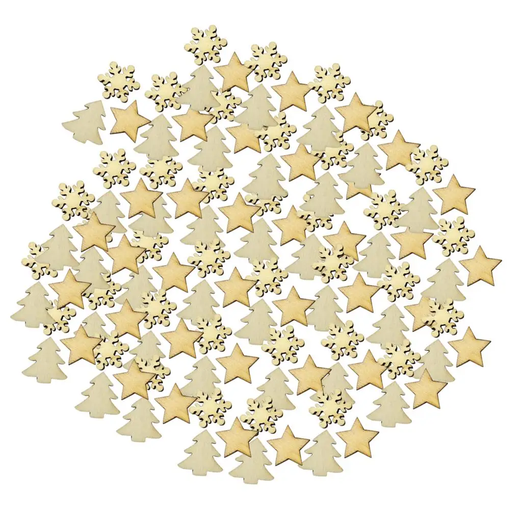 2-4pack 100 Pieces Assorted Wood Star Christmas Tree Snowflake Embellishments