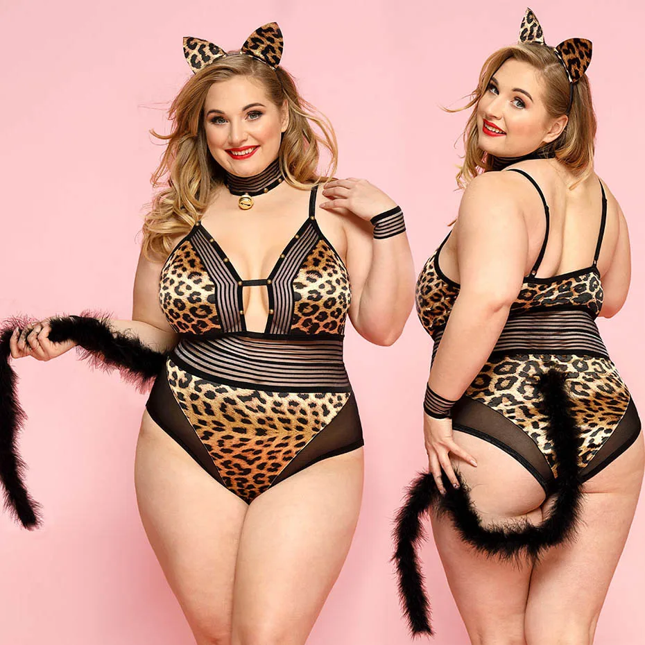 

JSY Sexy Cat Cosplay Lingerie Set Plus Size Leopard Bodysuit Women Underwear Erotic Lingerie Costumes Sexy Role Playing Outfits