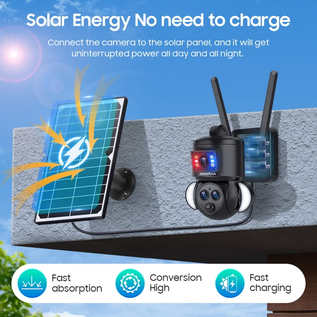SHIWOJIA 12MP Solar Camera 4G 15X Zoom Dual Screens WIFI 8W Solar Panel Security Three Lens 15600mAh Battery PTZ IP Camera PIR 4