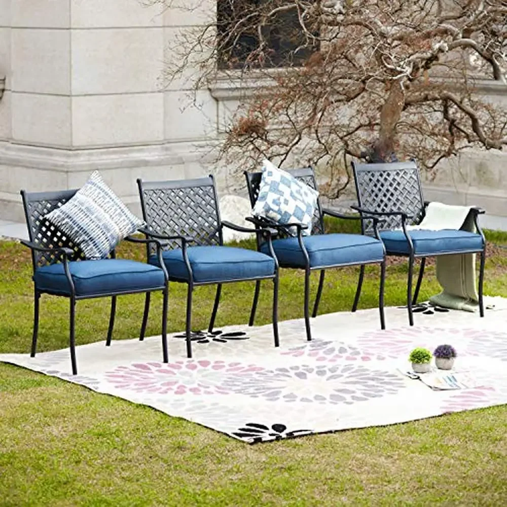 4 Piece Outdoor Patio Wrought Iron Dining Chair Set with Cushions Arms High Backrest Curved Armrests Indoor Outdoor Furniture 2
