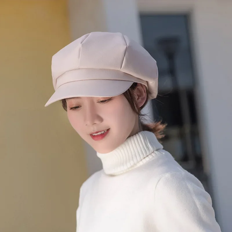 

New leather fashion trend monochrome lady beret autumn and winter warm windproof flat eaves high top octagon for women