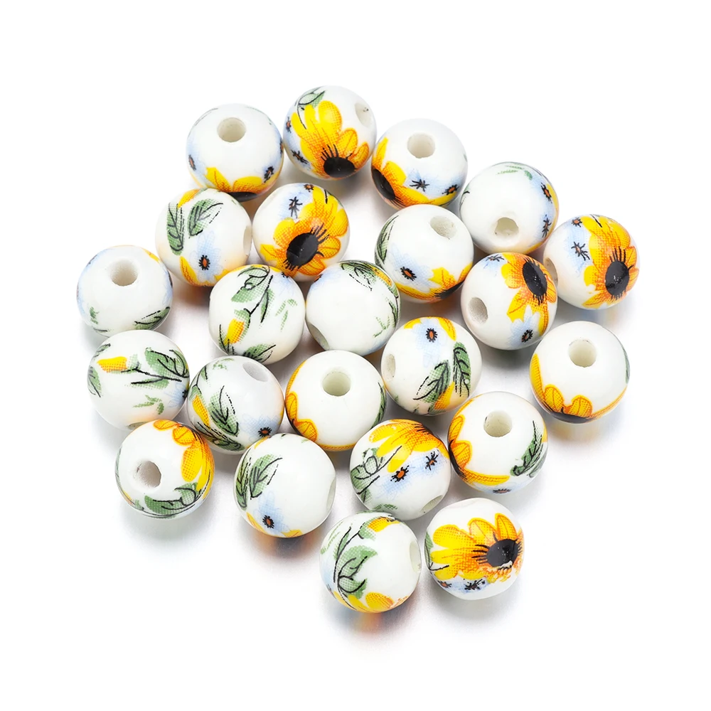 Set of 50 Round Floral Ceramic Porcelain Beads