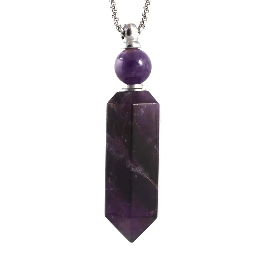 

LXJ Unique Style Stainlesssteel Hexagon Prism Perfume Essential Oil Bottle Pendant Necklace Natural Crystal Stone Jewelry Gift