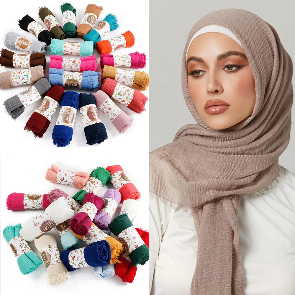 2022 Muslim Women Crinkle Hijab Scarf Soft Solid Color Head Scarves Plain Cotton Turban Shawls and Wraps Hijab Femme Musulman 2021 fashion bubble chiffon hijab solid muslim hijab scarf women soft long shawls and wraps head scarves islamic femme headband