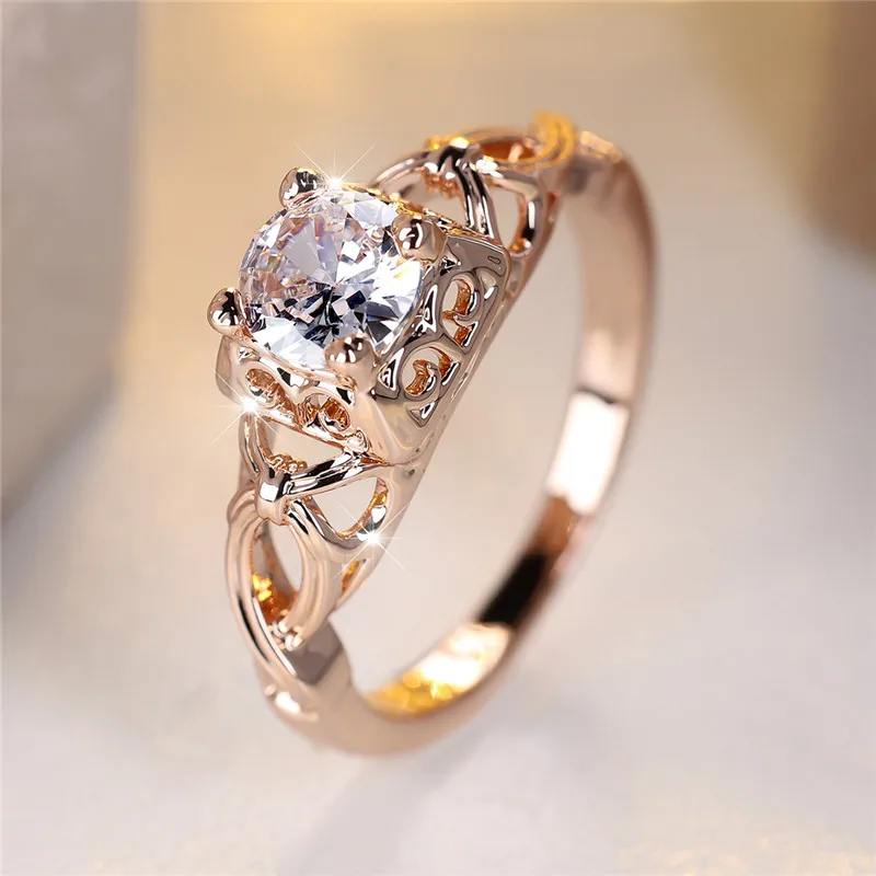 Cute Female White Round Zircon Stone Engagement Ring Vintage Rose Gold Color Wedding Jewelry For Women