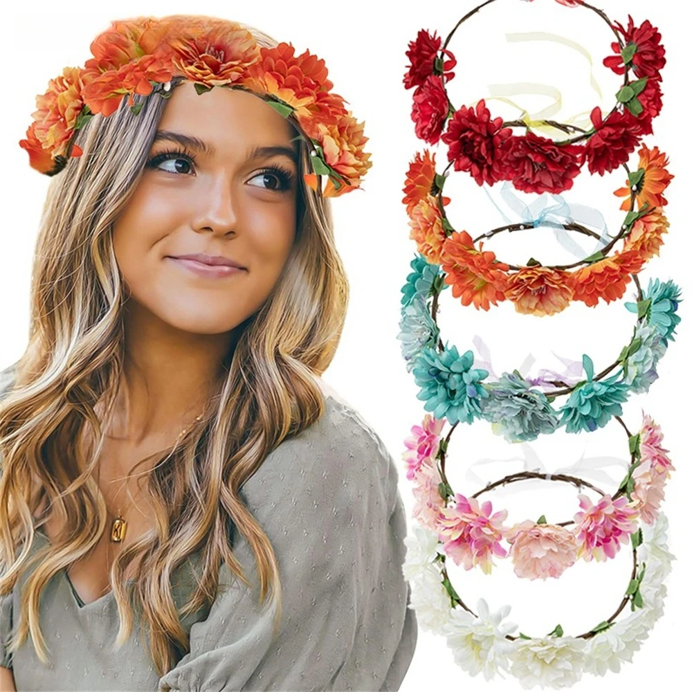 

Design Flower Crown Garland Women's Simulation Rose Flower Headdress Handmade Bridal Wedding Ribbon Wreath Party Hair Accessorie