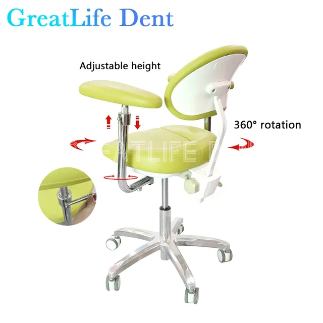 GreatLife Dent Dental Dector Chair Dentist Chair Surgical Nurse's Stool with 360 Degree Rotation Armrest PU Leather Assistant