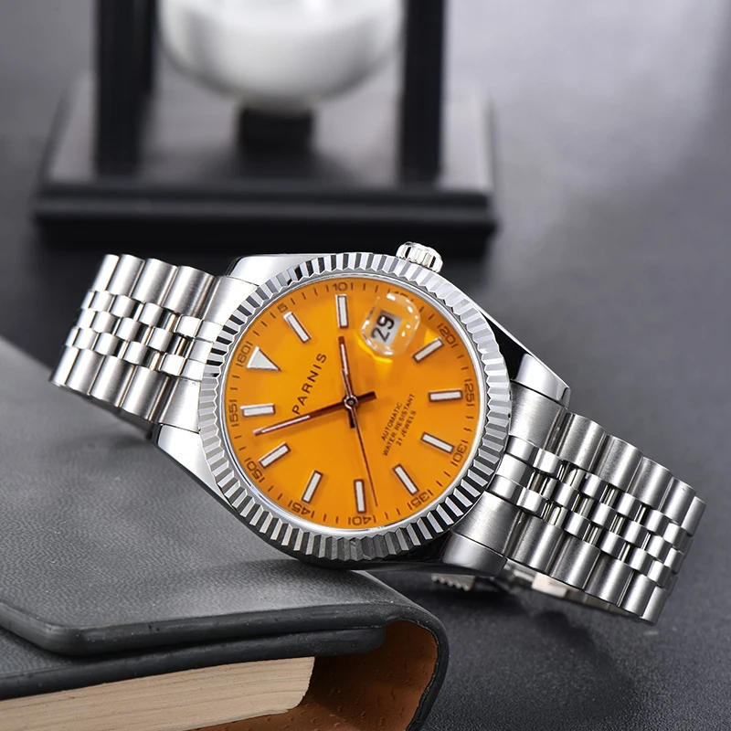 

Parnis 39.5mm Yellow Dial Men's Watches Calendar Miyota 8215 Movement Automatic Mechanical Mens Wristwatch 2024 Top Luxury Brand