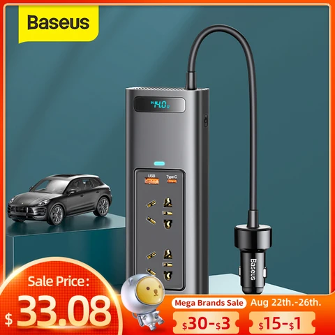Inversor de coche Baseus DC 12V a AC 220V 110V Convertidor automático Inversor USB Tipo C Cargador rápido Europa Adaptador de corriente para automóvil Inversor