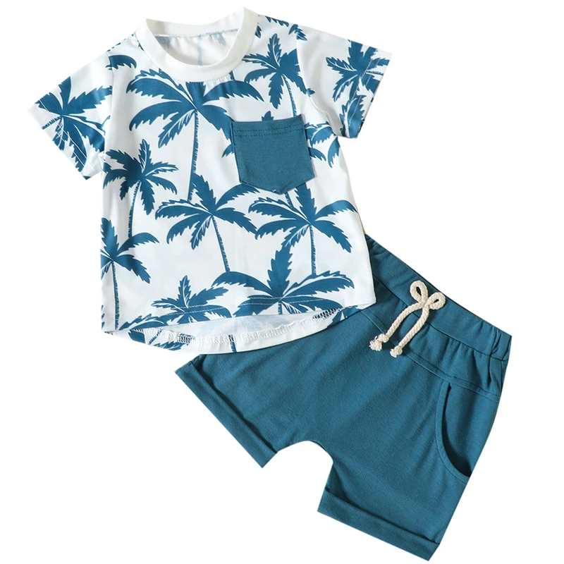 2Piece Sets Summer Newborn Boy Clothes Fashion Casual Print Beach Short Sleeve Cotton Tops+Shorts Baby Boutique Clothing BC216 1