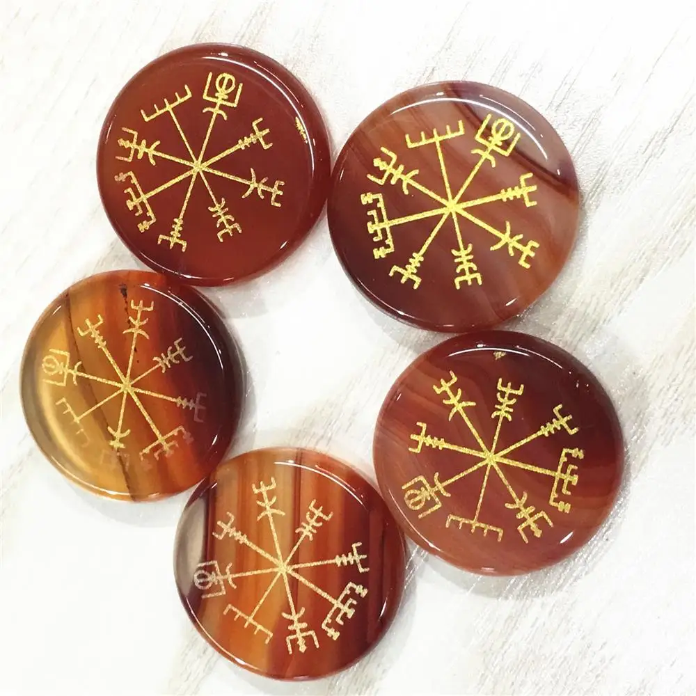 Hot Round Natural Agates Lapis Lazuli Palm Stone Vegvisir Viking Compass Rune Guardian Symbols Reiki Healing Crystals Wholesale