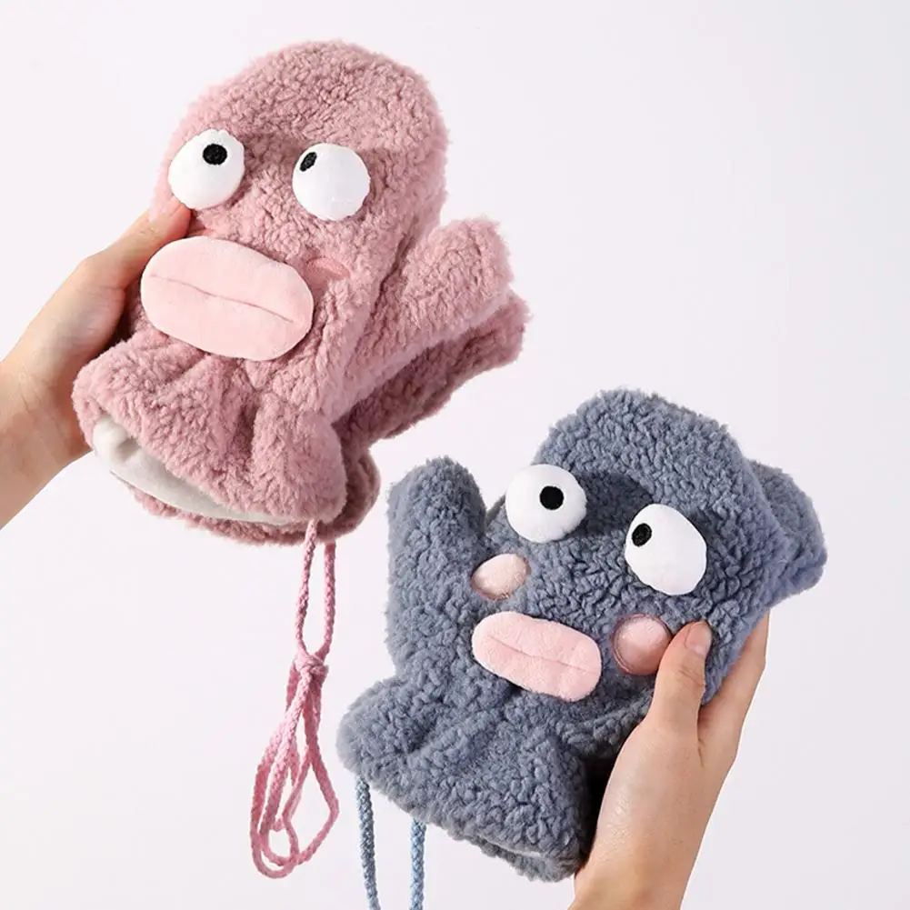 

Anti-slip Mittens Winter Mittens Cartoon Style Thick Plush Anti-lost Strap Resistant Windproof Soft Anti-slip Knitted Girls