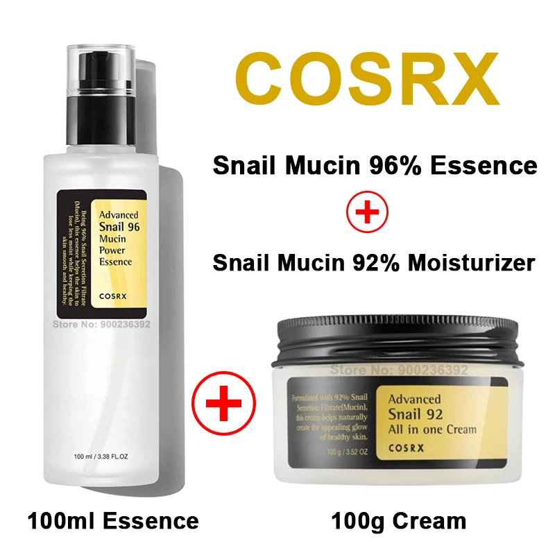 Korean Original COSRX 100ml Snail Mucin 96% Power Repairing Essence + 100g Snail Mucin 92% Moisturizer Cream Facial Repair Care