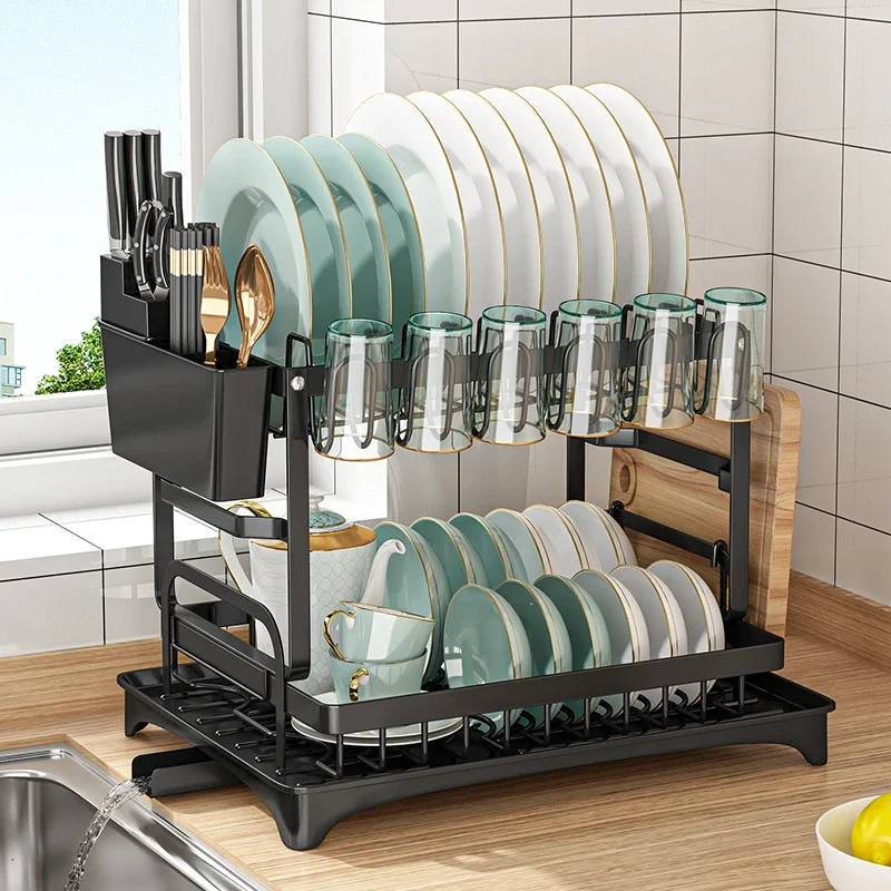 Double-layer Metal Kitchen Dish Bowl Drying Rack with Drainboard Dish Racks  With Chopstick Cage Tableware Organizer Basket