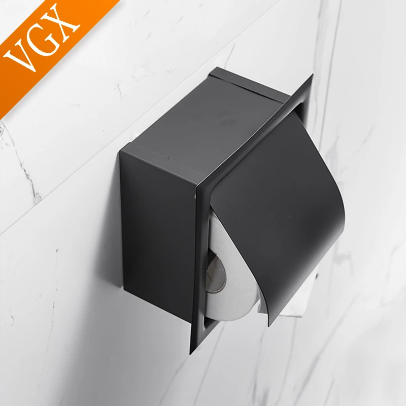 VGX Embedded Toilet Paper Holder Concealed Roll Tissue Box 304 Stainless Steel Wall Mount Bathroom Accessories Matt Black Polish toilet paper holder