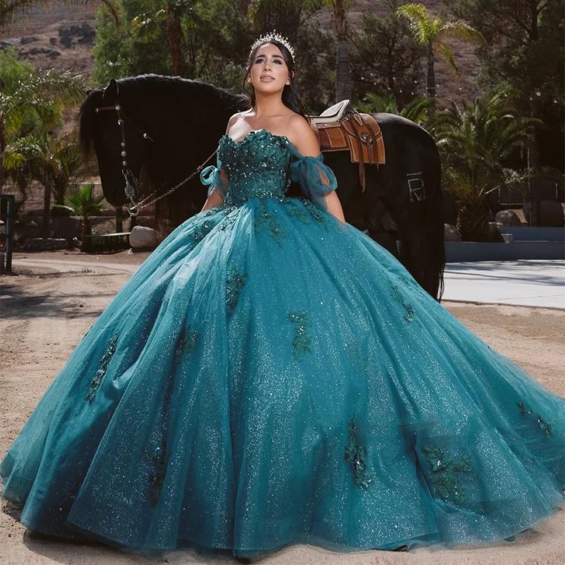 

Emerald Green Quinceanera Dress Applique Ball Gown Glitter Tulle Off Shoulder Vestido De 15 Anos Sweet 16 Party Gowns