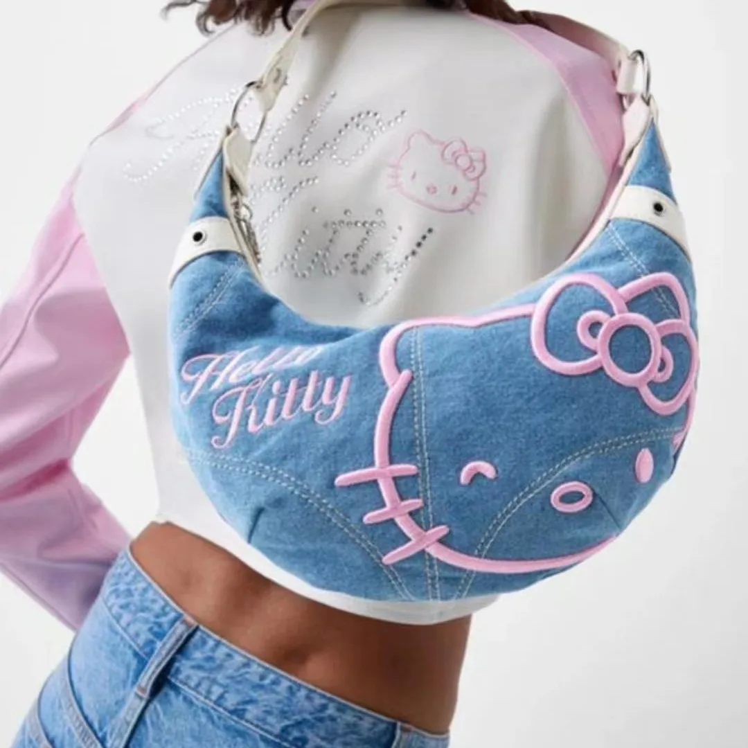

Sanrio Hello Kitty Denim Embroidered Crossbody Bag Fall 2024 New Cute Cartoon Women's Handbags Fashion Shoulder Bag Girls Gift