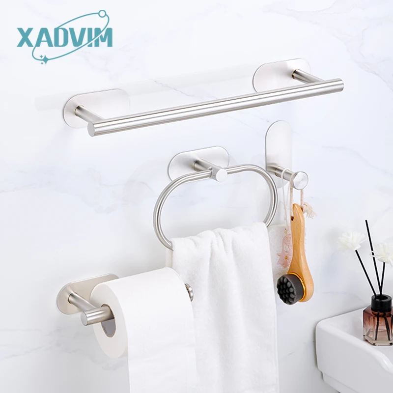 Stainless Steel Self-adhesive Towel Bar Paper Holder Robe Hook Towel Ring Bathroom Accessories Set