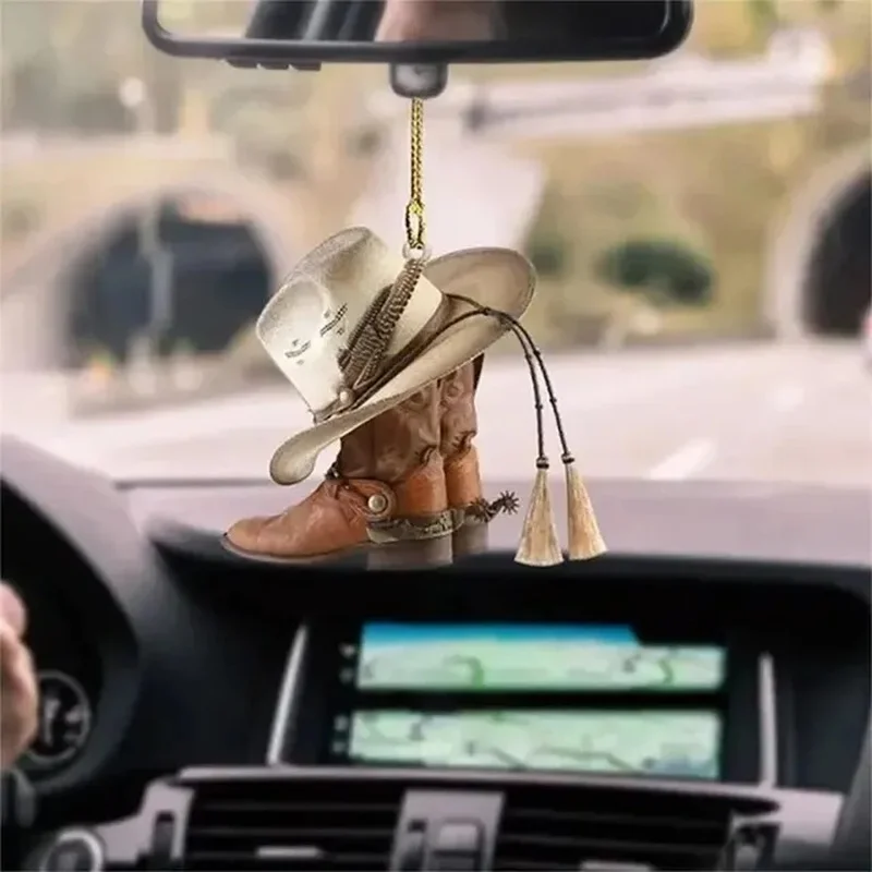 1pc Acrylic Cowboy Boots Hat 2D Flat Hanging Car Interior Accessories Horse Lover Hat Boots Wild West Car Keychain Decoration