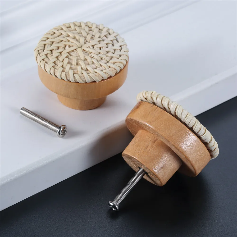 4pcs Rattan Knob w/screw Woven Wicker Round Wood Handle Furniture Pull 30/35/40/45mm Natural Eco-frinedly Exquisite White Coffee Furniture Knobs