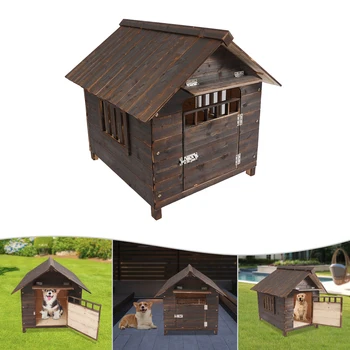 Pet Dog House With Window and Door, Welsh Corgi French Bulldog, Outdoor Garden Solid Wood Breathable Courtyard Puppy Villa Patio 2