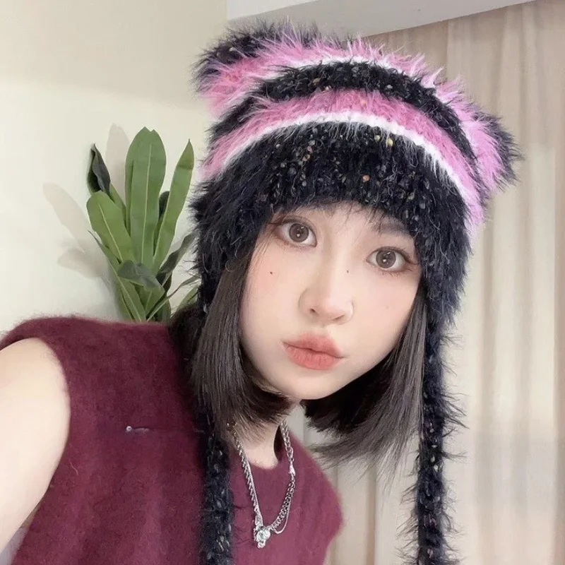 Cat Ear Contrast Stripe Splicing Handmade Colorful Dot Imitation Mink Velvet Hat Cute Little Sister Ear Protection Warm Hat 2
