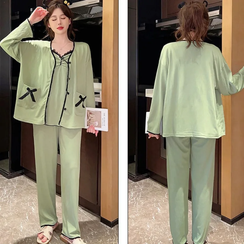 2024 Women Spring Summer Pajamas Sweet Camisole Pyjamas Set with Chest Pad Long-sleeved Sleepwear Three-piece Casual Home Wear