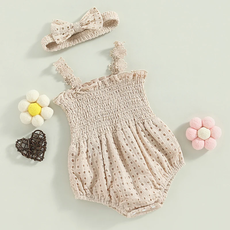 

Baby Girls Romper Set Sleeveless Pleated Jumpsuit Hollowed Solid Romper Bodysuit with Bowknot Hairband