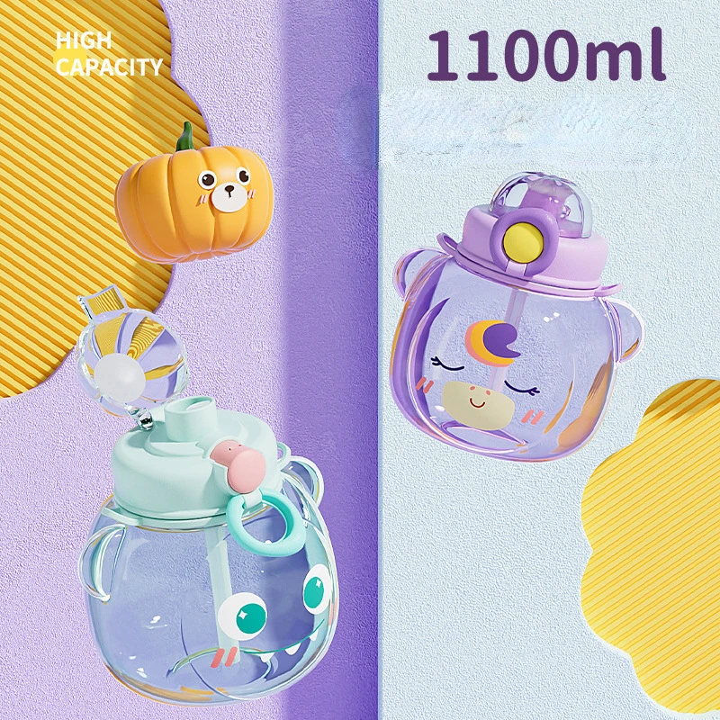 Niedlicher Cartoon-Bär Kinder-Wasserbecher aus Kunststoff, Kürbis-Becher, Becher mit Strohhalm, Doppelgetränk, großer Bauchbecher, Sport-Wasserkocher für Studenten_voghion.com