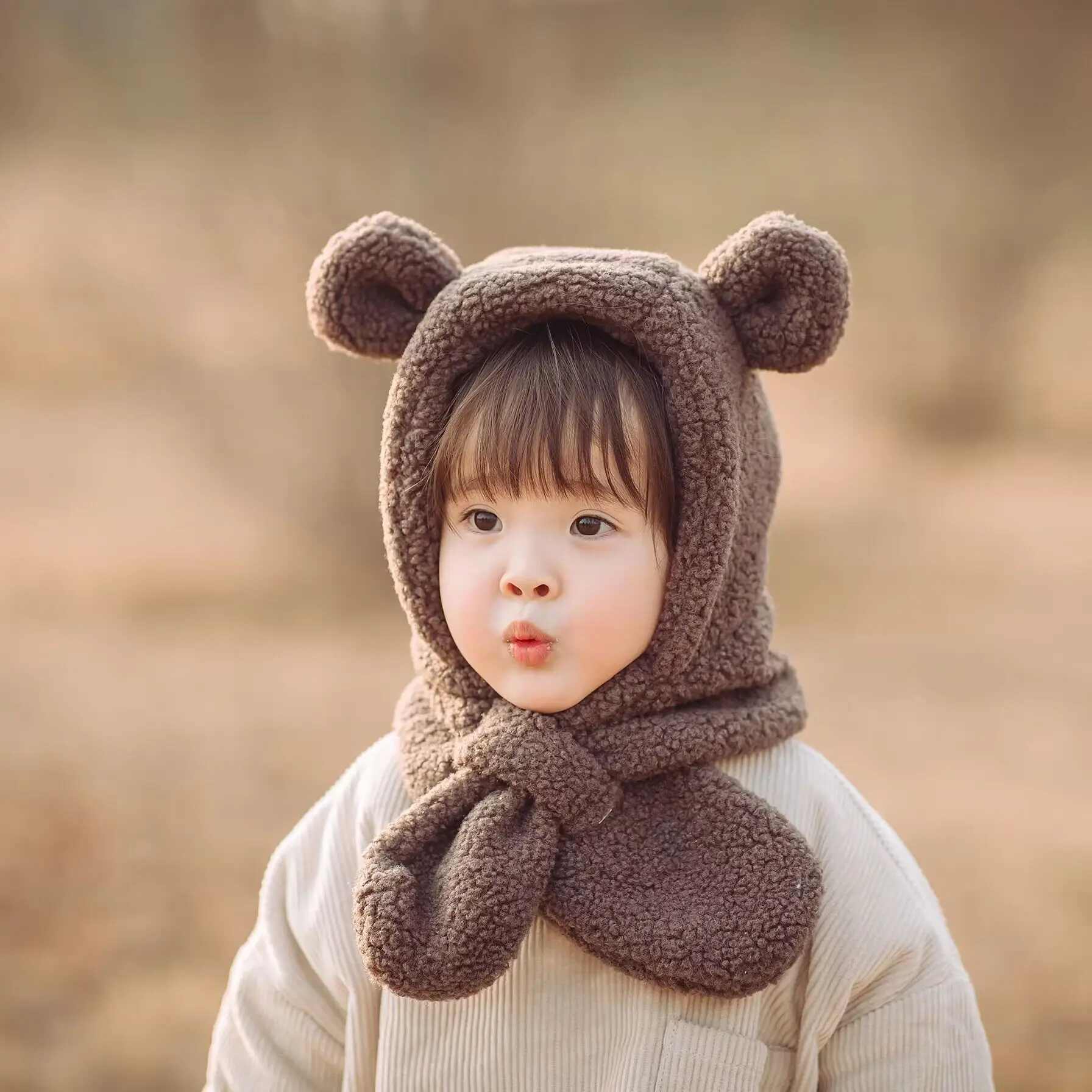 Winter children's hats scarves integrated men and girls thickened warm baby cute baby Two piece set windproof ear protection cap