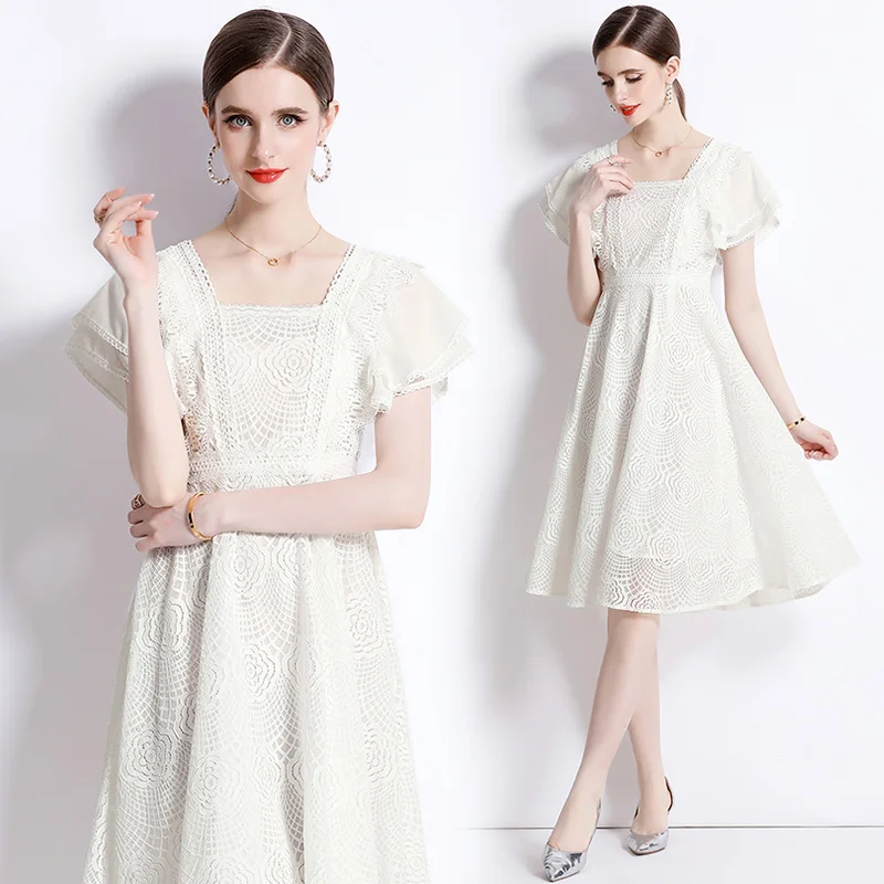 

Fashion White Lace Dress Women Butterfly Sleeve Mid-Calf Chic Female Summer Dress Party Hollow Out Vintage Long Dresses