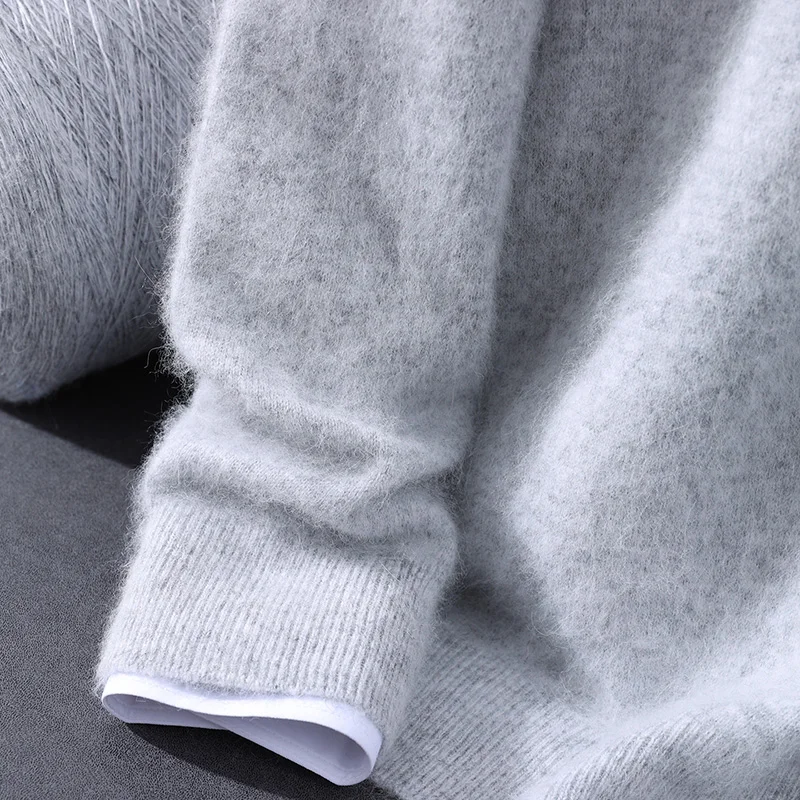 Men's hooded sweater autumn winter 100% mink cashmere sweater casual knitted pullover long-sleeved solid color loose knitted top 6