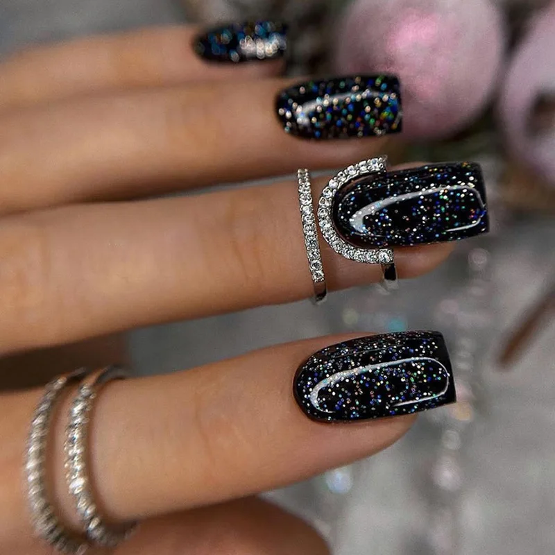 

24Pcs Glitter Mid-length Square Head False Nails with Glue Pure Black Designs Fake Nail Wearable Ballet Full Cover Press on Nail