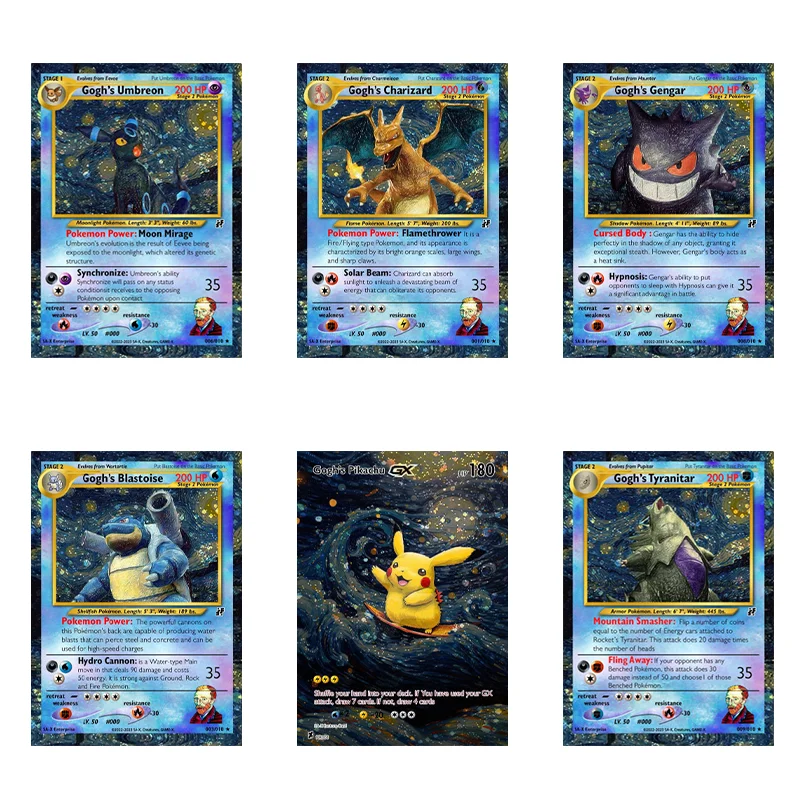 

Van Gogh Museum Gengar Pokemon Card Diy Starry Night Charizard Pikachu with Grey Felt Hat Eevee Mona Pika Collection Cards Toys