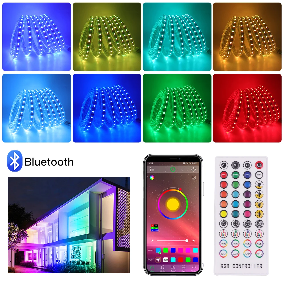 220V 디밍 가능 RGB 5050 LED 스트립 블루투스 60 120LED/M 플렉시블 리본 조명 방수 EU 40키 리모컨 키트 가정용 주방 장식