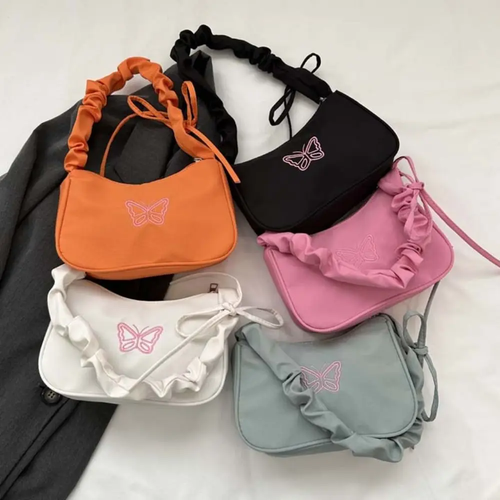 Embroidery Bowknot Butterfly Shoulder Bag Ruffle Handle Y2k Style Ins Half-moon Underarm Bag Large Capacity Dumpling Bag