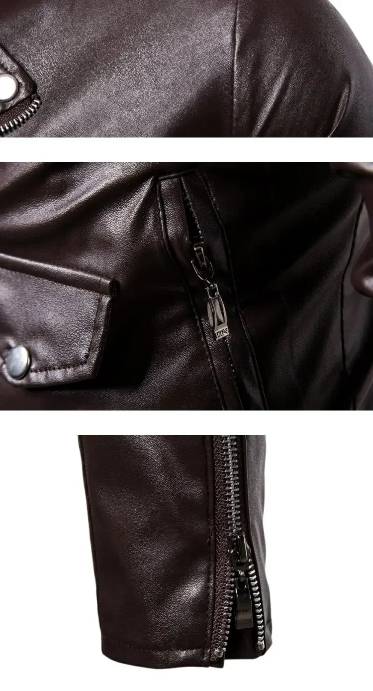 Description Picture 6 of item2023 New Motorcycle Slim Fit Leather Coat Men's Leather Jacket Coat British Fashion Men's PU Leather Coat